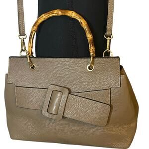 Vera Pelle Italy Taupe‎ Leather Crossbody Handbag Bamboo top handle classic
